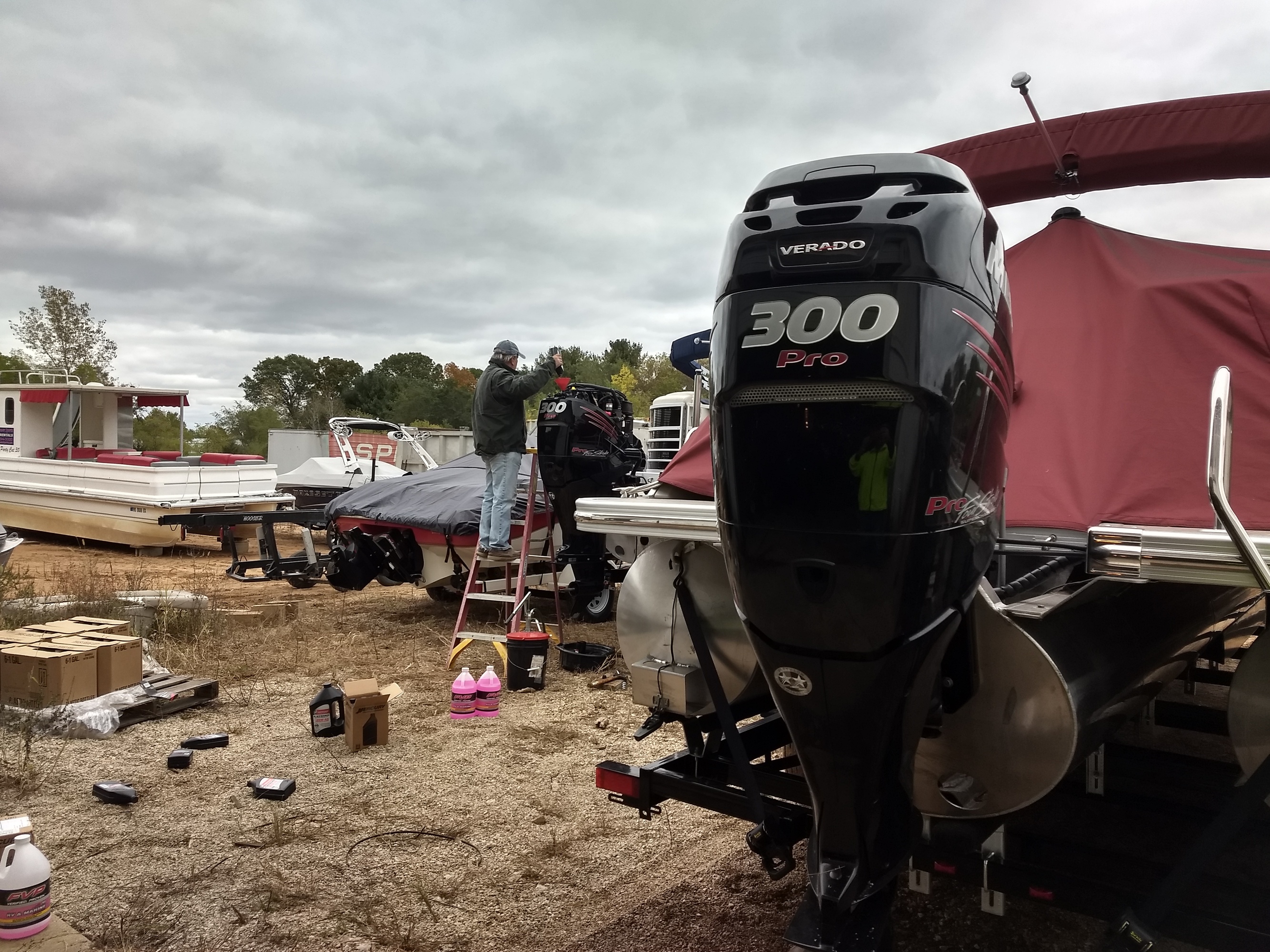 Multiple boats with Verado engines being serviced.